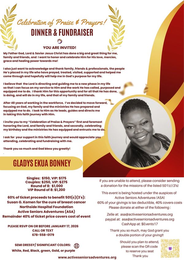 Invitation to Gladys Ekua Bonney's dinner fundraiser celebrating faith, family, and ministry support.