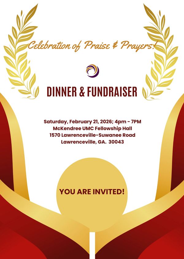 Elegant dinner and fundraiser invitation with gold and red accents for a praise and prayer celebration.