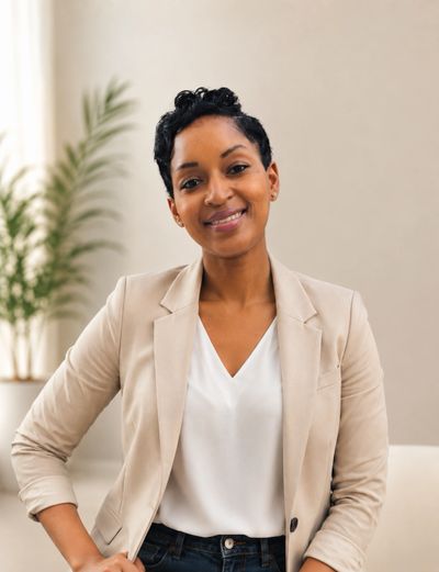 Confident woman in beige blazer smiling warmly indoors.