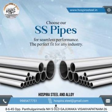 Advertisement for seamless SS pipes by Hospira Steel and Alloy.