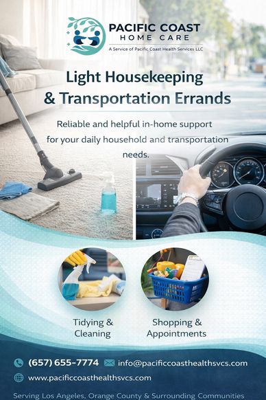 Flyer for Pacific Coast Home Care offering light housekeeping and transportation errands.