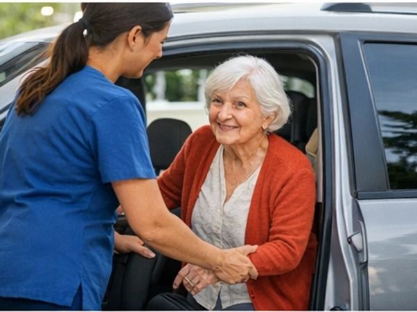 Caregiver helps elderly woman out of car with a smile.