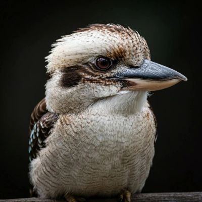 Close-up of a kookaburra with a dark background.