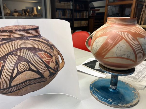 Skye Terrier dimini-shape vase (in progress) next to picture of original spherical vase from Dimini.