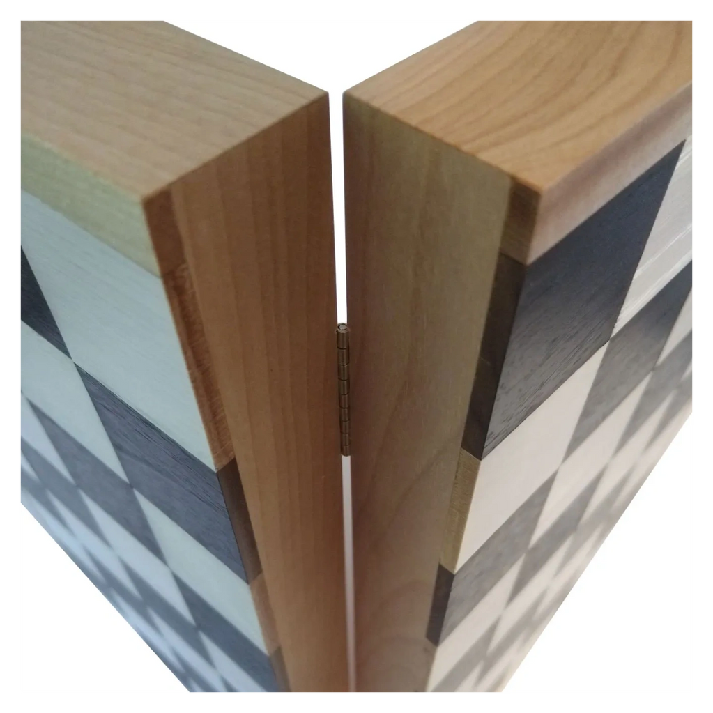 Chess Board showing maple frame with squares of black and white, ebonized walnut, bleached red oak.