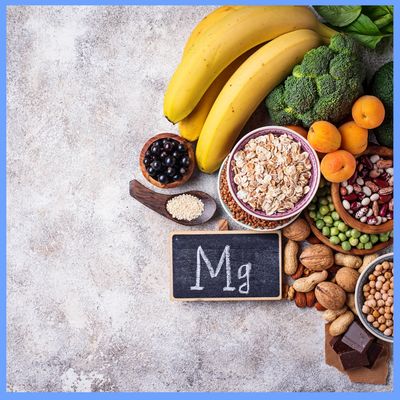 Foods rich in magnesium eg bananas, nuts, legumes, broccoli and chemical symbol for magnesium Mg