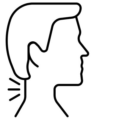 Profile drawing of head and neck of a person with neck pain, the area of  neck pain shown with lines