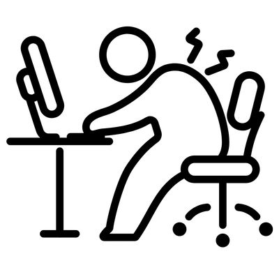 drawing of a person working at computer desk with poor posture, causing  back and neck postural pain