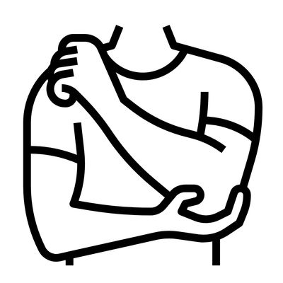Drawing of a person in a t-shirt holding his elbow because he has joint pain and arthritis
