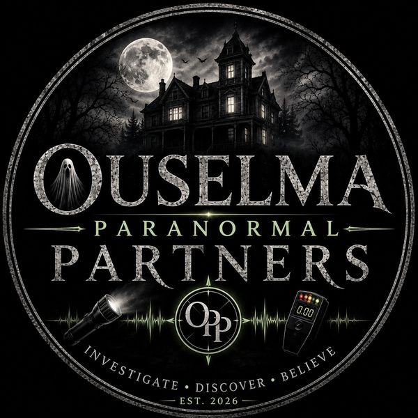 Logo for Ouselma Paranormal Partners with haunted house and ghost.