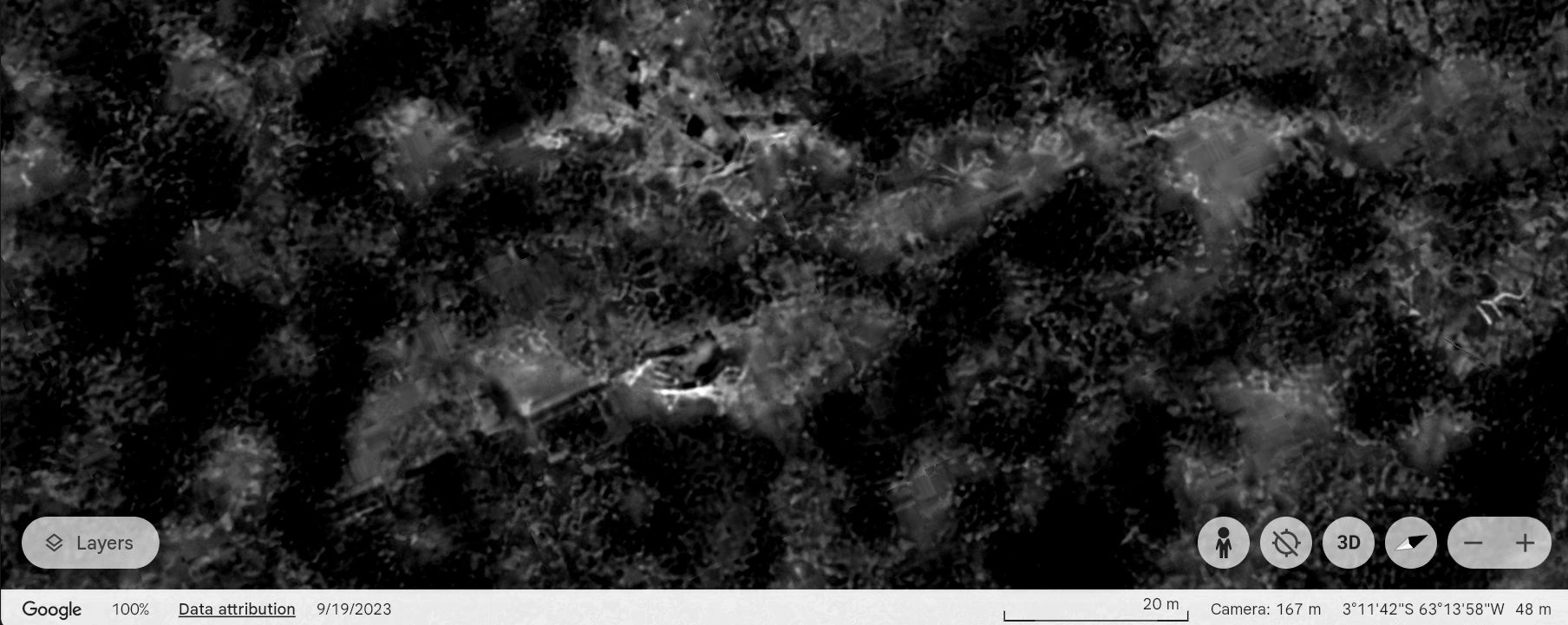 Black and white satellite image showing forested areas with faint clearings or paths.