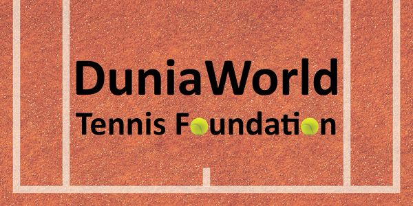 Logo for DuniaWorld Tennis Foundation on a clay court background.