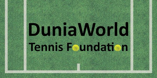 Logo of DuniaWorld Tennis Foundation on a tennis court background.