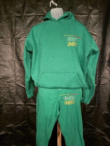 Green hoodie and sweatpants set with colorful text design.