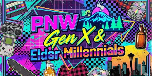 Colorful collage celebrating PNW Gen X and Elder Millennials culture with iconic symbols.