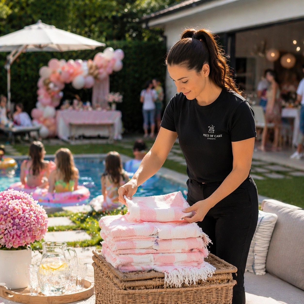 A woman folding pink towels by a pool at a sunny outdoor event.