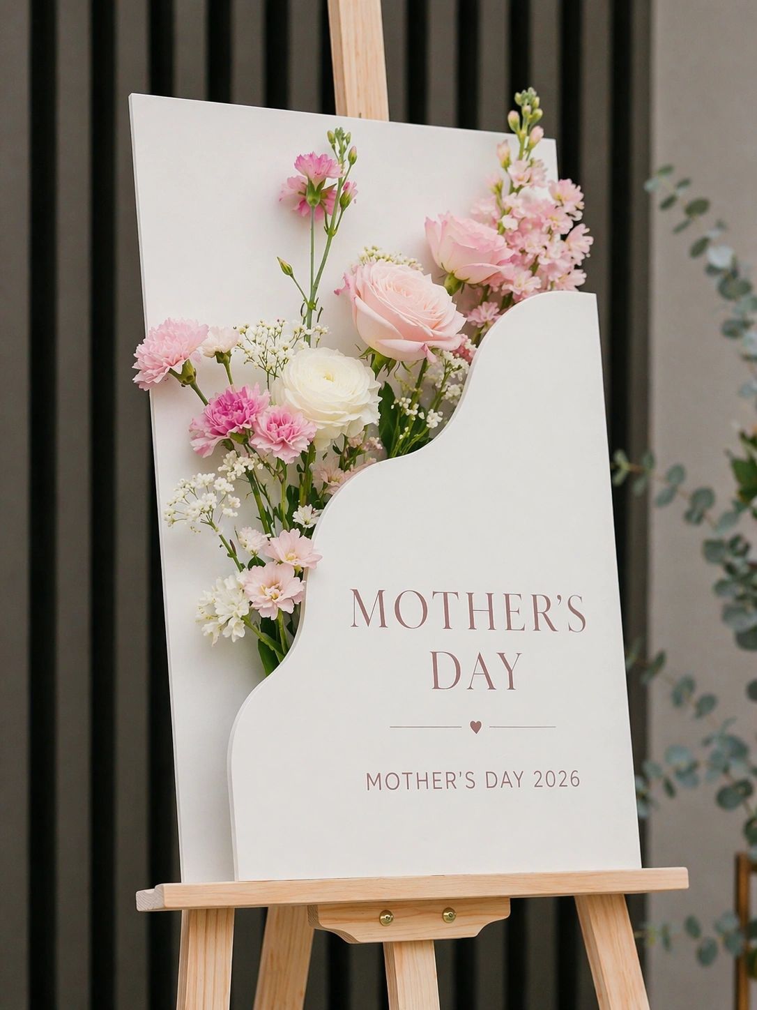 Elegant Mother's Day sign with pastel flowers on an easel.