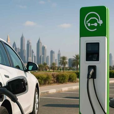 Electric car charging at a station with city skyline in the background.