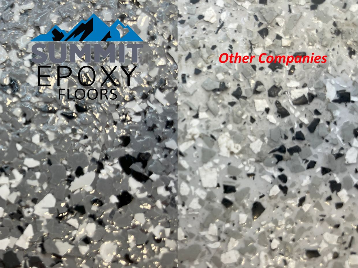 Hybrid epoxy floor finish comparison to polyurea finish with visible voids in color flake layer.