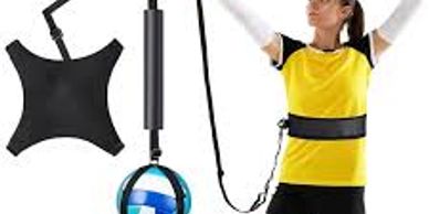 A volleyball training device with a harness and ball for solo practice.
