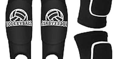 Black volleyball knee pads with white logos and trim.