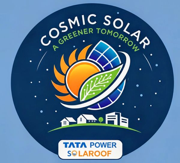 Logo of Cosmic Solar promoting green energy by Tata Power Solar Roof.