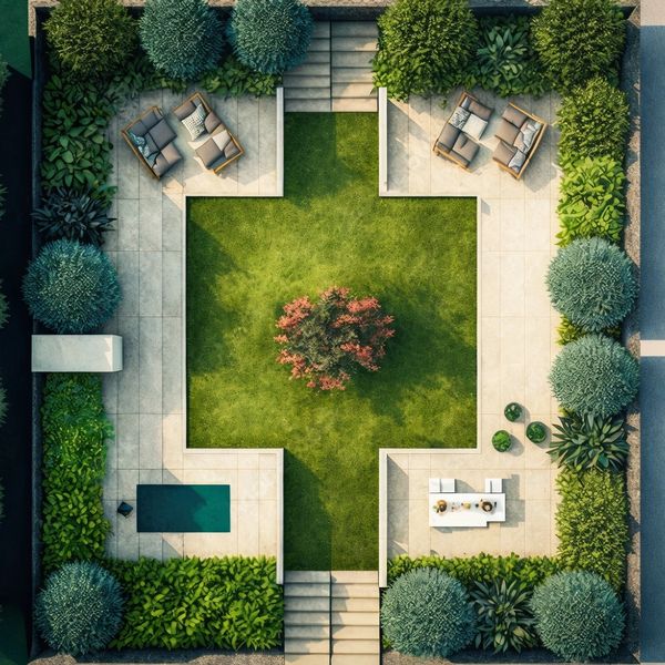 A symmetrical garden with seating areas, a small pool, and lush greenery.