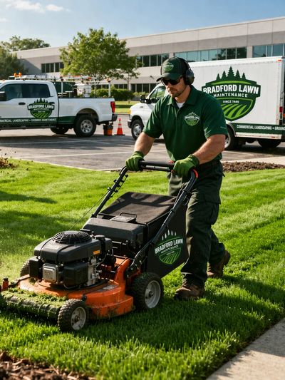 Lawn care professional mowing grass with branded equipment.