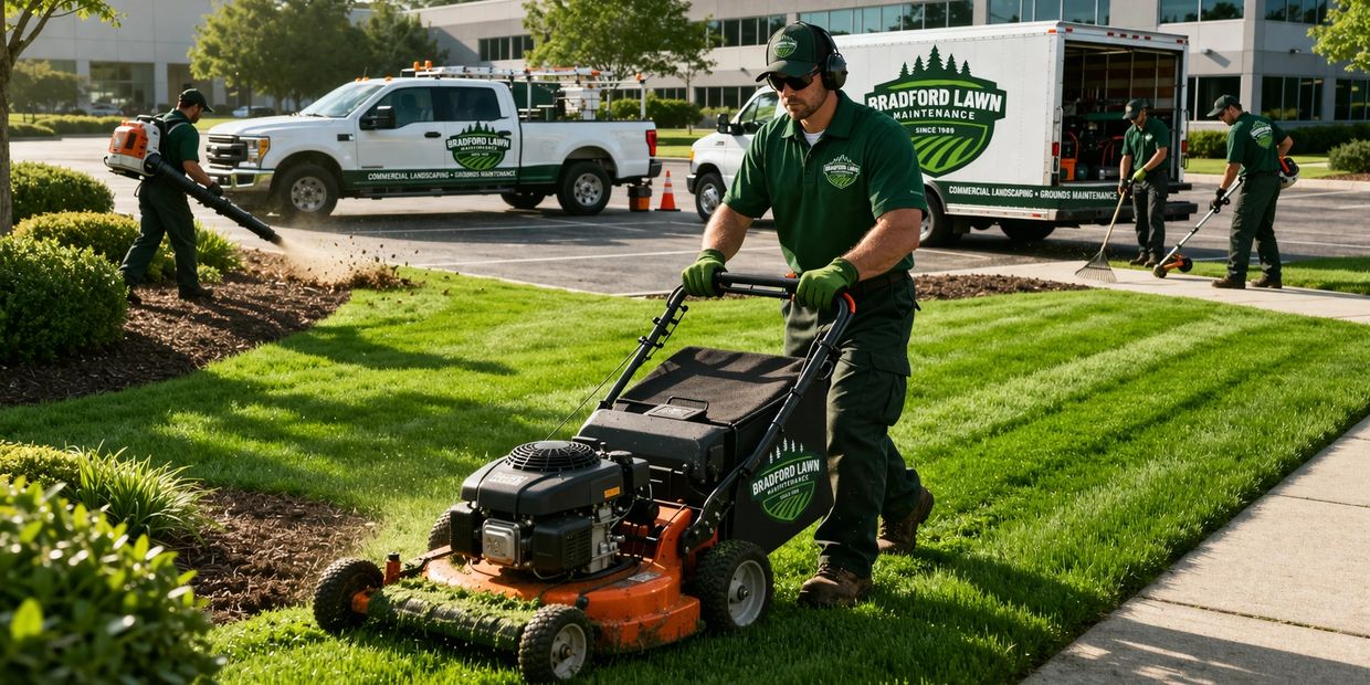 Lawn care team mowing and maintaining commercial landscaping.