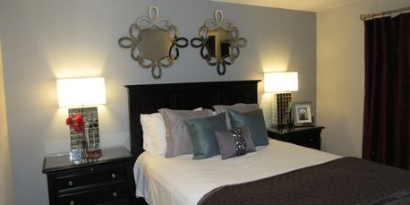Gray Black White Red Aqua Contemporary Bedroom Staging Reorganization Paint Lighting Accessories