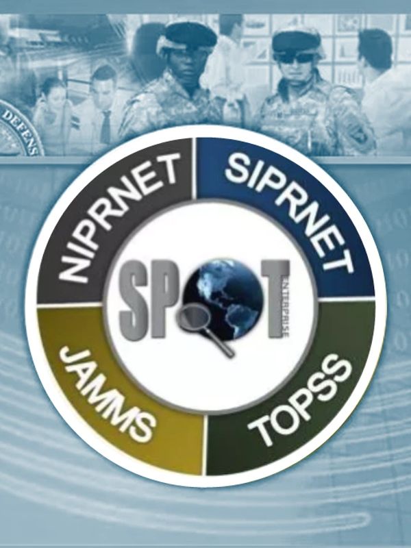 Diagram showing the SPOT enterprise with NIPRNET, SIPRNET, JAMMS, and TOPSS.