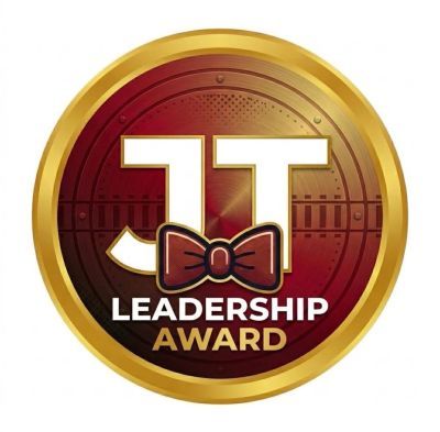 Leadership award badge with gold border and bow tie.