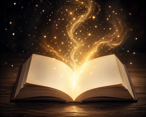 An open book emitting magical golden light and sparkles.
