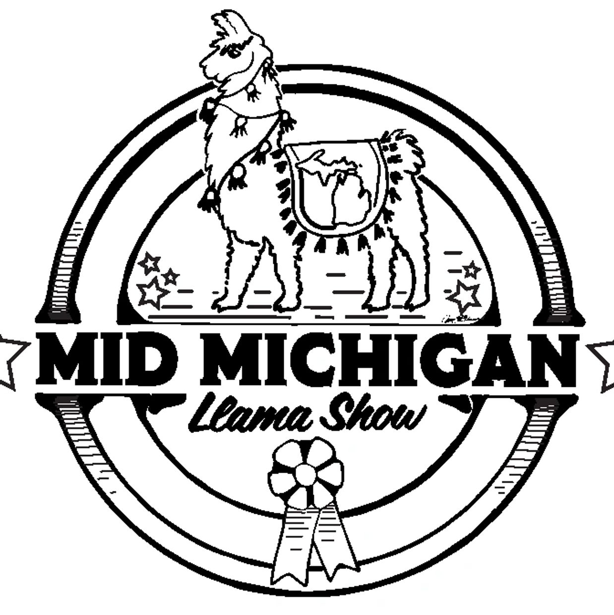 Logo for the Mid Michigan Llama Show featuring a decorated llama and a ribbon.
