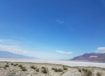 Desert landscape with clear blue sky and distant mountains.