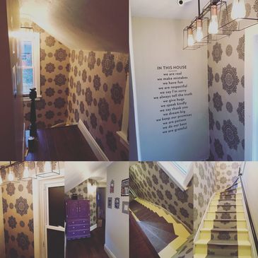 A stairwell transformation in a century home, using paint and wallpaper to maximum effect!