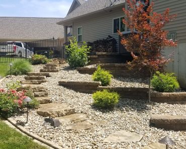 Aesthetic retaining wall, brick edging, and shrubs