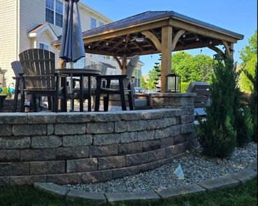 Aesthetic retaining wall, brick edging, and shrubs