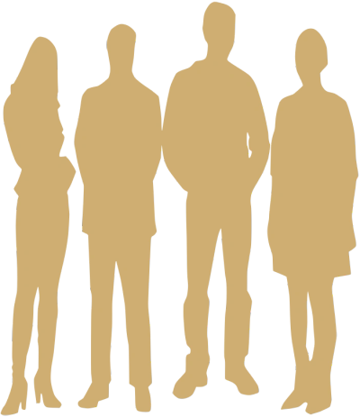 Golden silhouettes of four standing people, two men and two women.