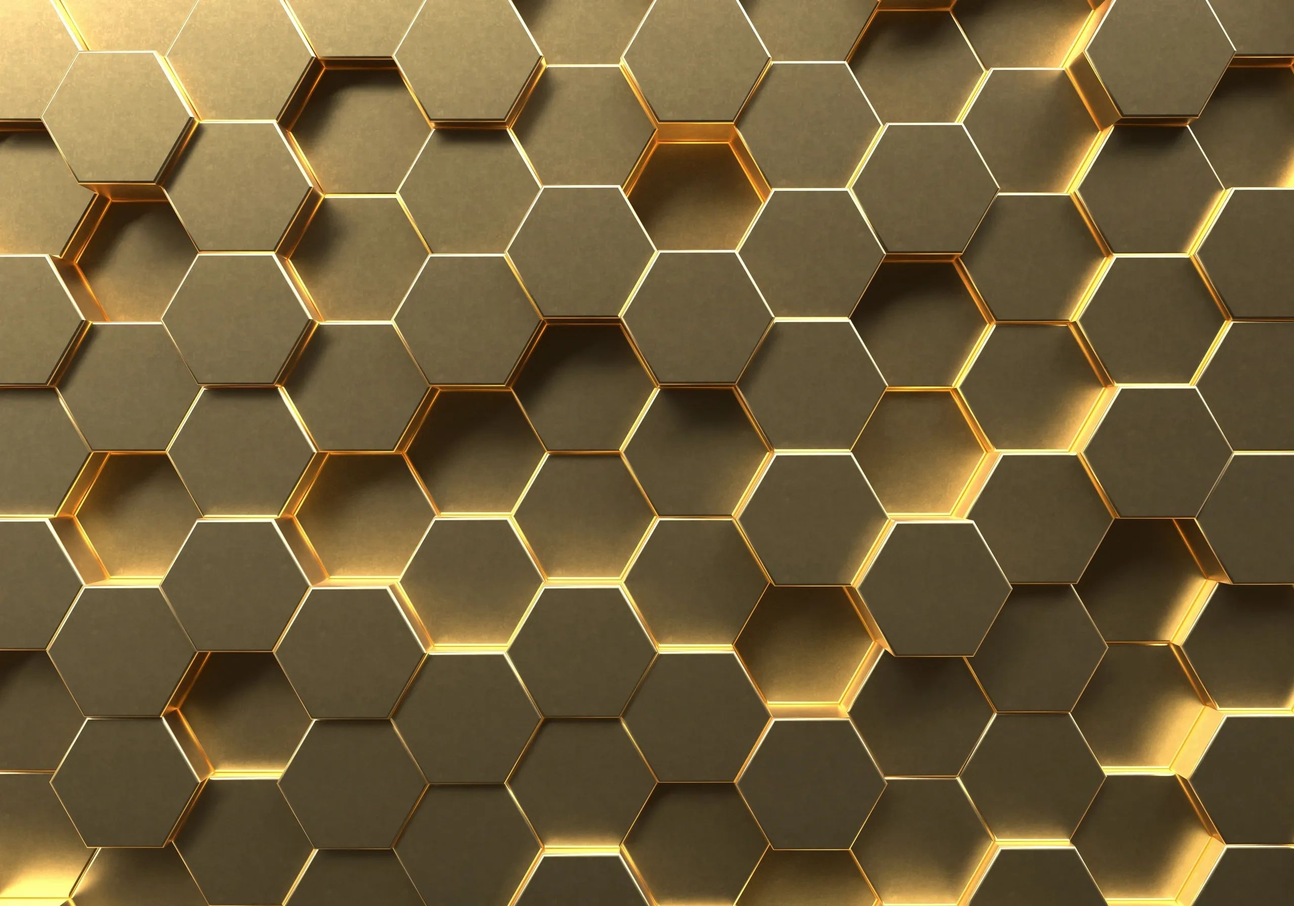 3D gold hexagonal pattern with glowing edges.