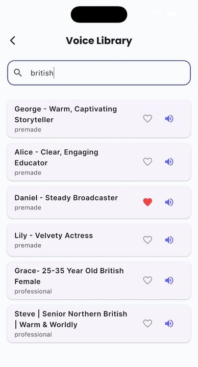 Voice library with various premade voice options and descriptions.