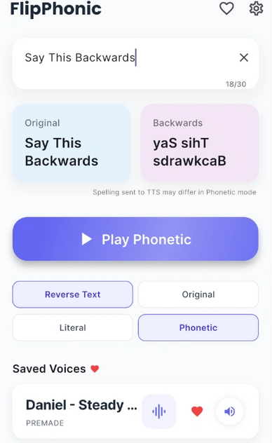 Screenshot of FlipPhonic app reversing and phoneticizing text input.