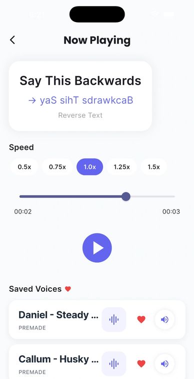 App screen showing phrase reversed phonetically with playback speed and voice options.