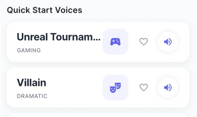 Interface with quick start voice options and share/save buttons.