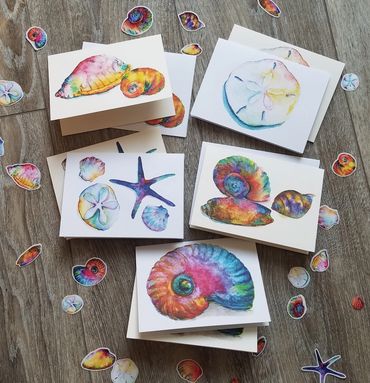 sea shell, starfish, sand dollar note card collection watercolor