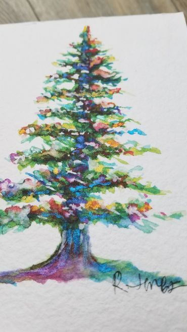 winter balsam tree with colored lights watercolor