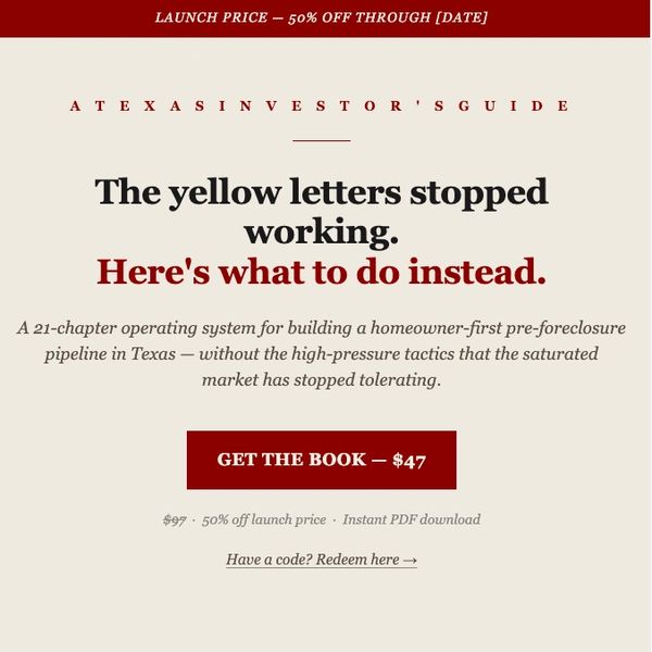 Promotional ad for a Texas investor's guide book on pre-foreclosure strategies.