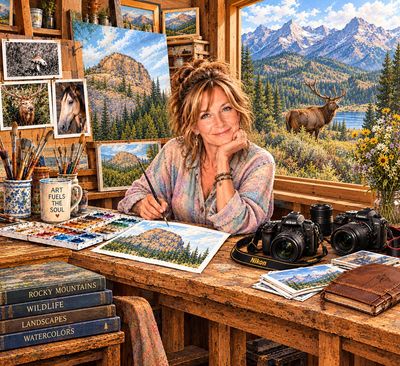 Woman painting mountain landscapes in a cozy studio.
