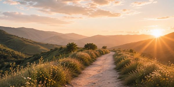 Sunset over a dirt path surrounded by grass and hills.
