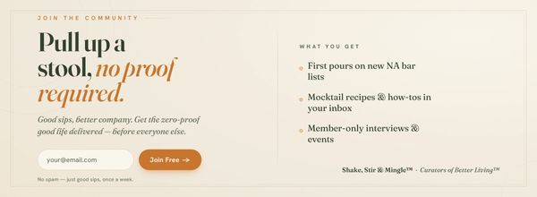 Newsletter signup for zero-proof drink recipes and exclusive content.